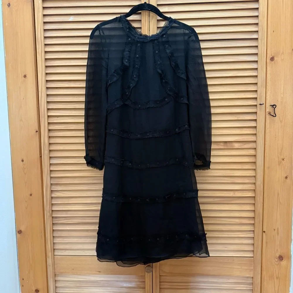 CHANEL Black sheer Silk Long Sleeve Dress